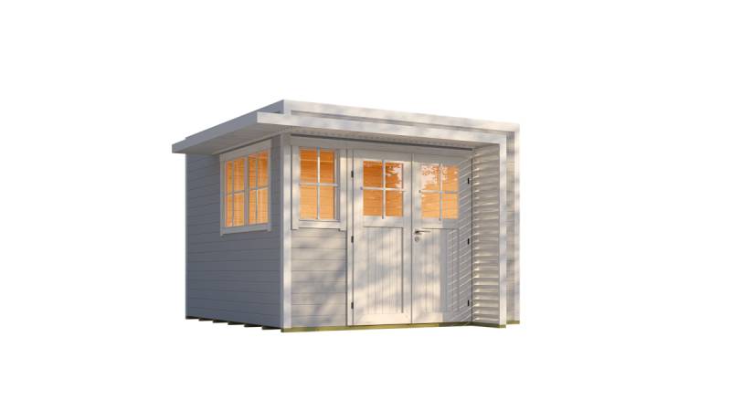 Weka Design Gartenhaus Pure Garden Amberley mit Massivholz-Doppeltür - 28 mm grau/weiß Inkl. 1 x Dreh-Kipp-Fenster & 1 x feststehendes Fenster 300 x 300 cm von Weka