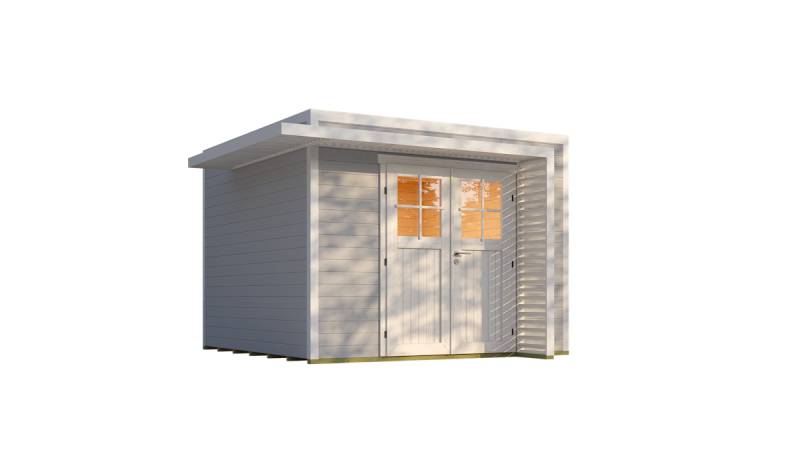 Weka Design Gartenhaus Pure Garden Amberley mit Massivholz-Doppeltür - 28 mm grau/weiß Ohne Fenster 300 x 300 cm von Weka
