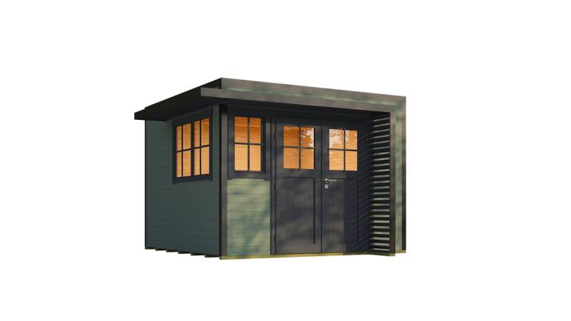 Weka Design Gartenhaus Pure Garden Amberley mit Massivholz-Doppeltür - 28 mm graugrün/anthrazit Inkl. 1 x Dreh-Kipp-Fenster & 1 x feststehendes Fenster 300 x 300 cm von Weka