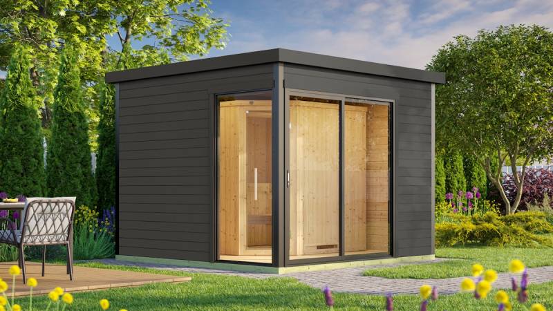 Weka Design-Saunahaus 412 inkl. Elementsauna 44/68 mm hellgrau 9 kW Kompaktofen mit integrierter Steuerung von Weka