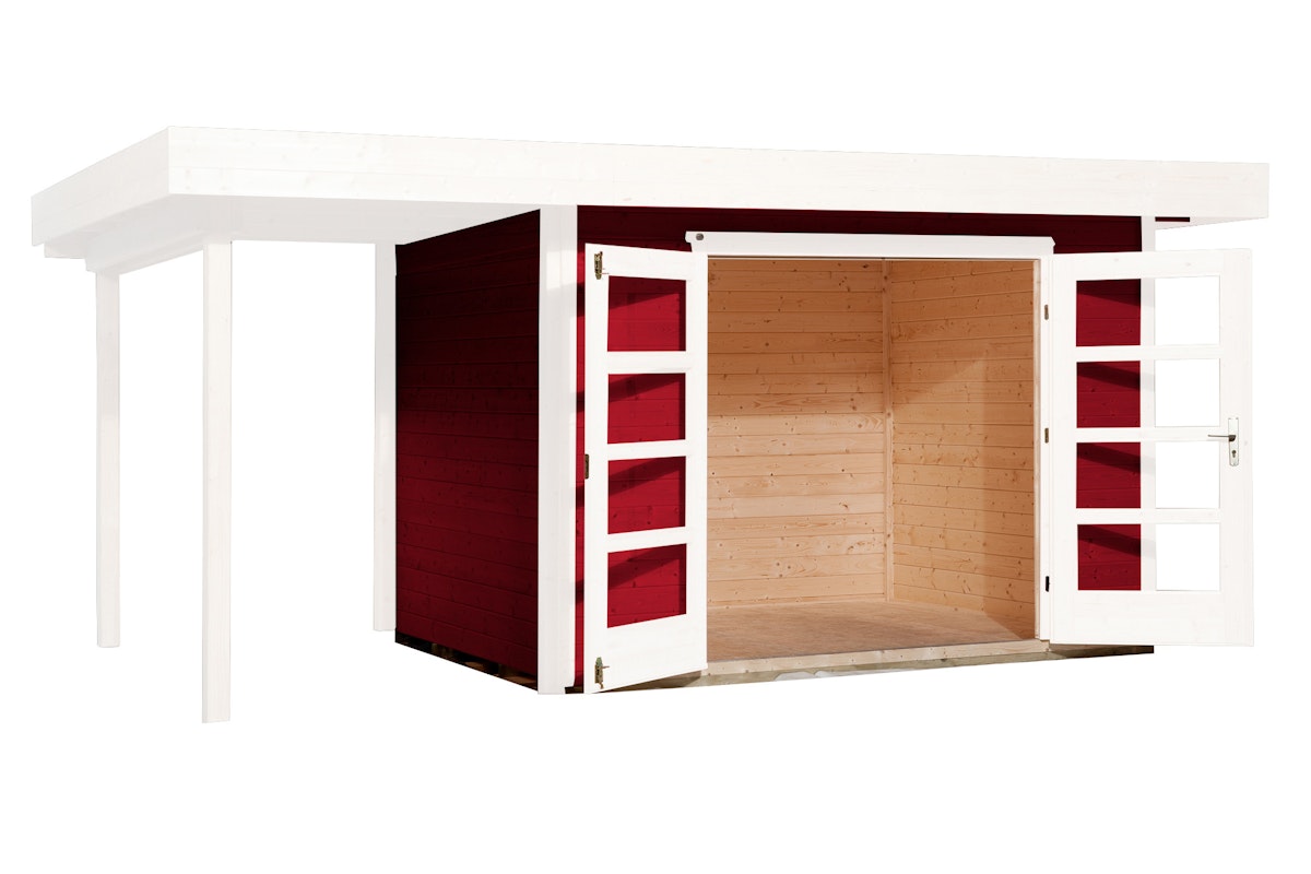 Weka Designhaus 126 A+ inkl. 150 cm Anbau und extra hoher Tür - 28 mm schwedenrot Designhaus 126 A Gr. 1 (500 x 240 cm) - 50 % Rabatt auf Dacheindeckung von Weka
