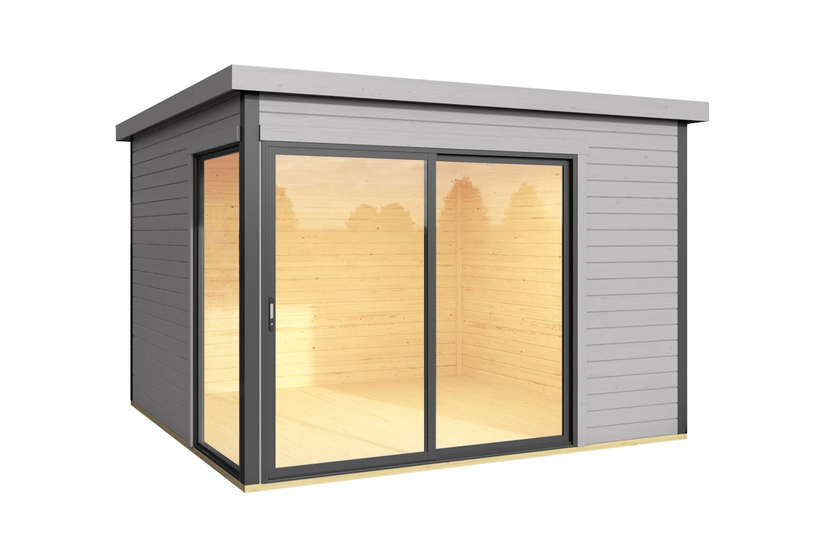 Weka Designhaus 412 Gr. 1 mit Glasschiebetür (Homeoffice-Gartenhaus) - 44 mm hellgrau 300 x 300 cm - 50 % Rabatt auf Dacheindeckung von Weka