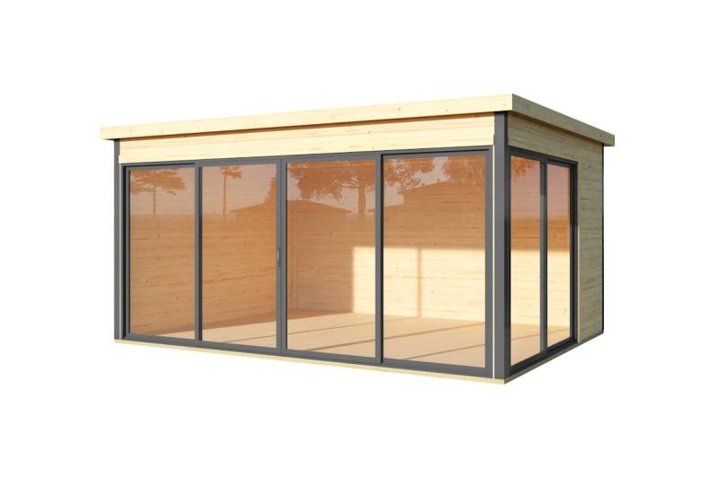 Weka Designhaus 412 Gr. 2 mit Glasschiebetür (Homeoffice-Gartenhaus) - 44 mm naturbelassen 418 x 322 cm - 50 % Rabatt auf Dacheindeckung von Weka