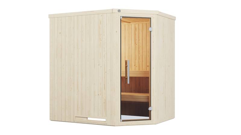 Weka Elementsauna Varberg 1 Trend mit Eckeinstieg & weiß lasierten Fronten - 68 mm Ganzglastür 5,4 kW Kompaktofen mit integr. Steuerung von Weka