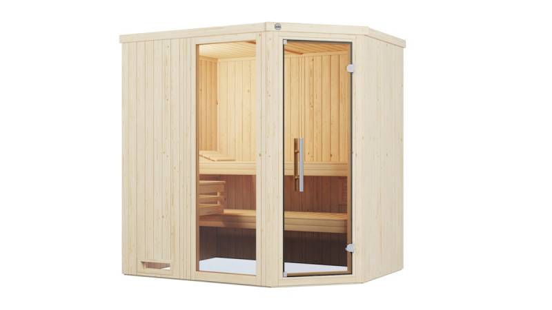 Weka Elementsauna Varberg 1 Trend mit Eckeinstieg & weiß lasierten Fronten - 68 mm Ganzglastür u. Fensterelement(e) 5,4 kW Kompaktofen mit integr. Steuerung von Weka
