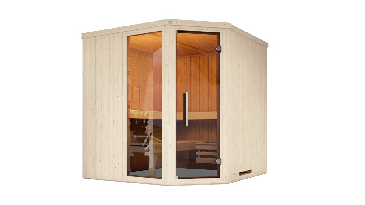 Weka Elementsauna Varberg 3 Trend Familiensauna mit Eckeinstieg & weiß lasierten Fronten - 68 mm Ganzglastür u. Fensterelement(e) Ohne Ofen von Weka