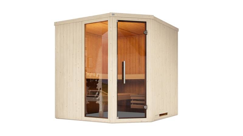 Weka Elementsauna Varberg 3 Trend Familiensauna mit Eckeinstieg & weiß lasierten Fronten - 68 mm Ganzglastür u. Fensterelement(e) Ohne Ofen von Weka