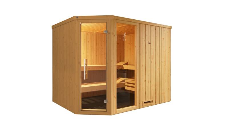 Weka Elementsauna Varberg 4 Familiensauna - 68 mm Ganzglastür u. Fensterelement(e) 9 kW Kompaktofen mit integrierter Steuerung von Weka