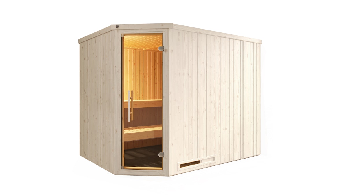 Weka Elementsauna Varberg 4 Trend Familiensauna mit Eckeinstieg & weiß lasierten Fronten - 68 mm Ganzglastür Ohne Ofen von Weka