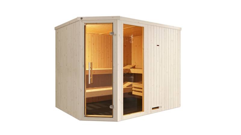 Weka Elementsauna Varberg 4 Trend Familiensauna mit Eckeinstieg & weiße Fronten - 68 mm Ganzglastür u. Fensterelement(e) 7,5 kW Saunaofen OS inkl. Steuerung von Weka