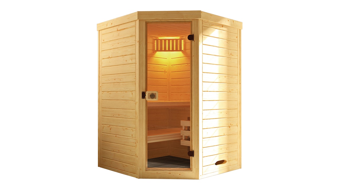 Weka Massivholz-Elementsauna Laukkala 1 mit Glastüre - 38 mm mit Eckeinstieg Ohne Ofen von Weka