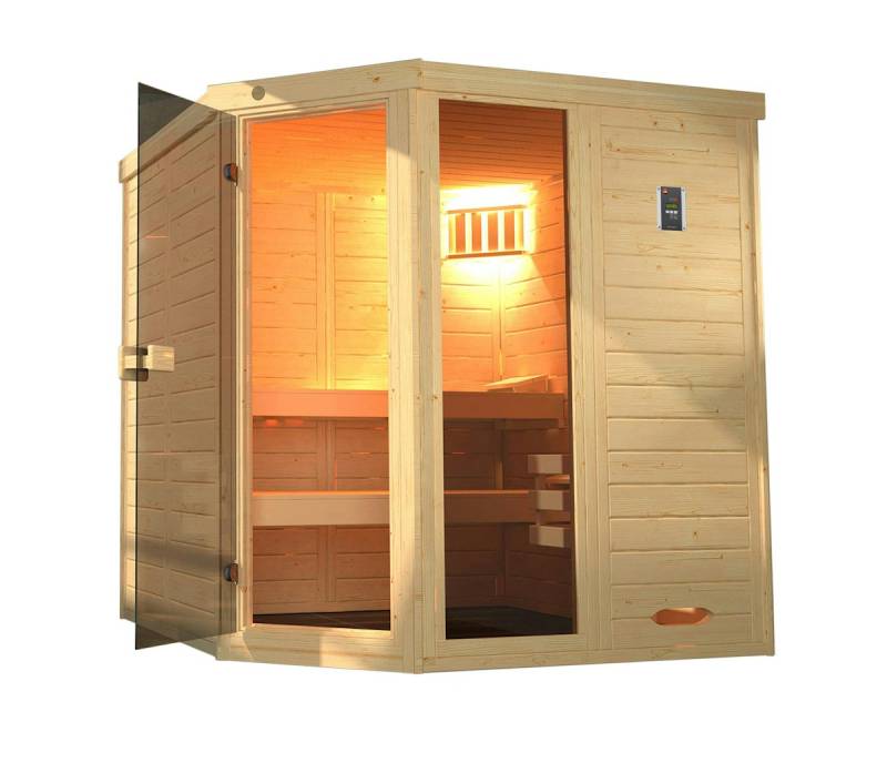 Weka Massivholz-Elementsauna Laukkala 2 mit Glastüre+Fenster - 38 mm mit Eckeinstieg 4,5 kW Saunaofen OS inkl. Steuerung von Weka