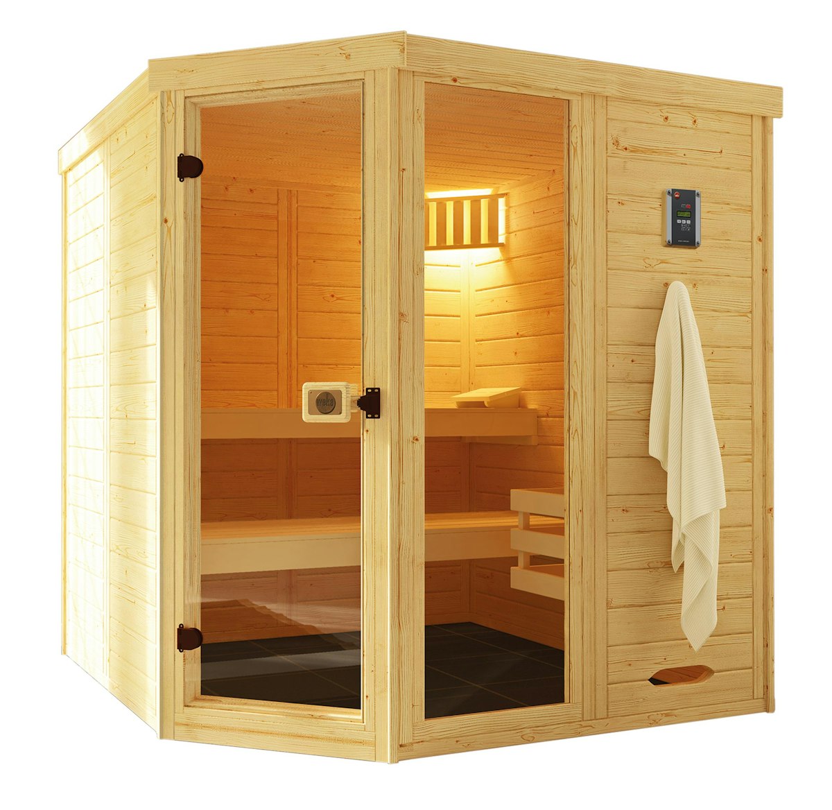 Weka Massivholz-Elementsauna Laukkala 3 mit Glastür+Fenster - 38 mm mit Eckeinstieg 7,5 kW Saunaofen OS inkl. Steuerung Ohne Ofen von Weka