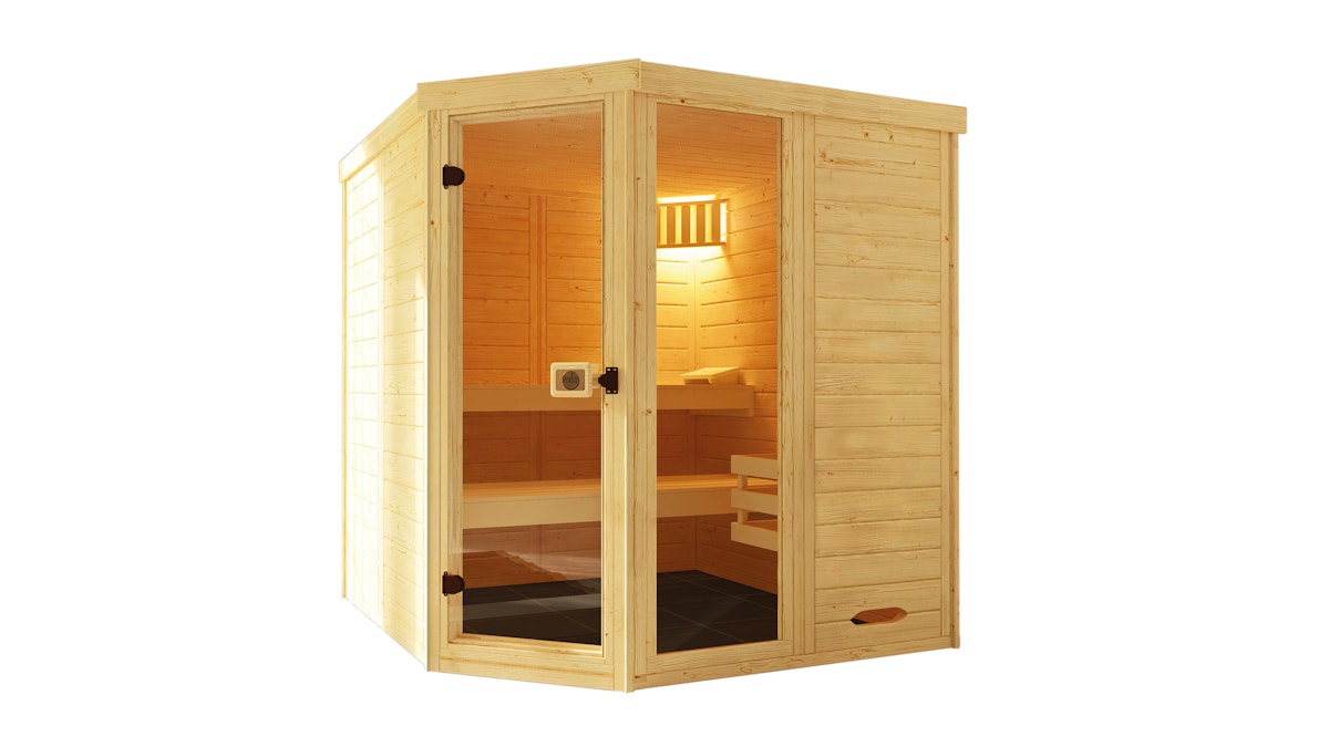 Weka Massivholz-Elementsauna Laukkala 3 mit Glastür+Fenster - 38 mm mit Eckeinstieg Ohne Ofen von Weka