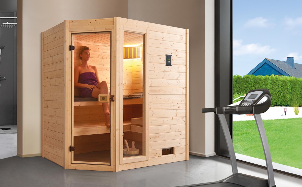 Weka Massivholzsauna Valida Eck Gr. 1 mit Glastür+Fenster Set inkl. 5,4 kW Saunaofen von Weka