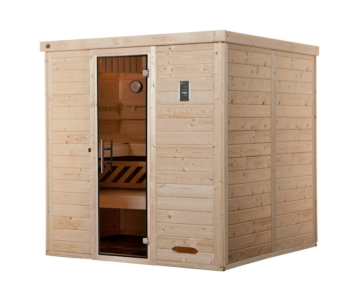 Weka Premium Massivholz-Elementsauna Kemi 4 mit Glastür - 45 mm 7,5 kW Saunaofen OS inkl. Steuerung Ohne Ofen von Weka