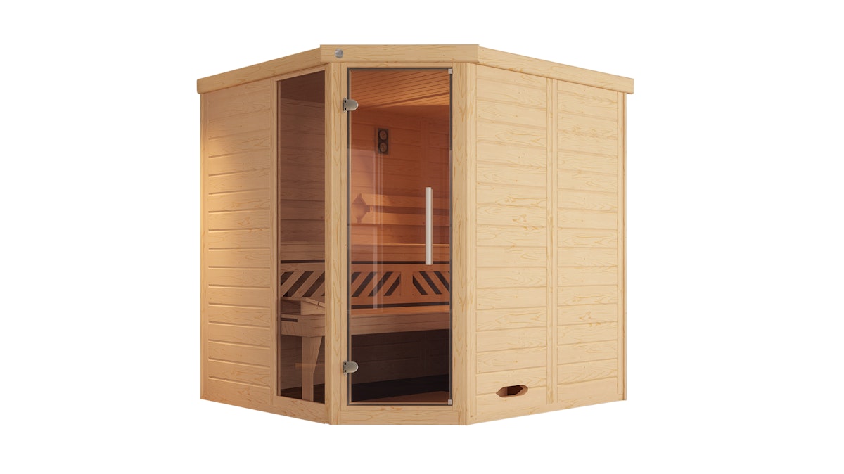 Weka Premium Massivholz-Elementsauna Kemi Eck 1 mit Glastür/Fenster inkl. Komfortpaket-Ganzglastür u. Fensterelement von Weka