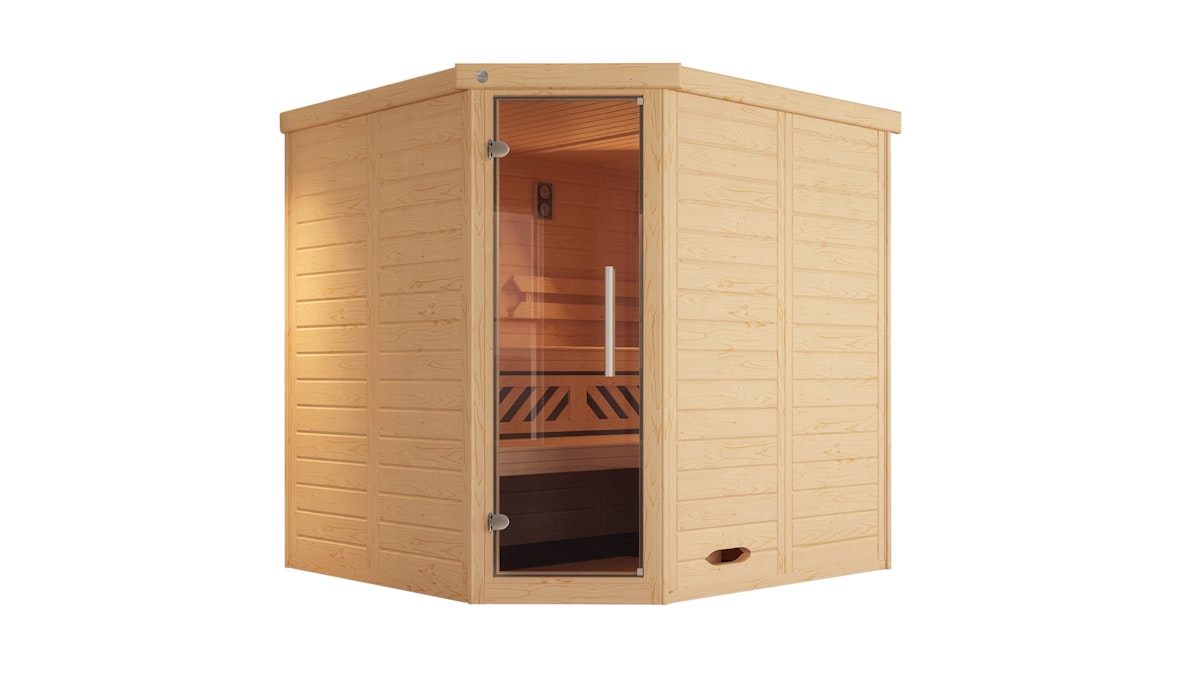 Weka Premium Massivholz-Elementsauna Kemi Eck 1 mit Glastür/Fenster inkl. Komfortpaket-Ganzglastür von Weka