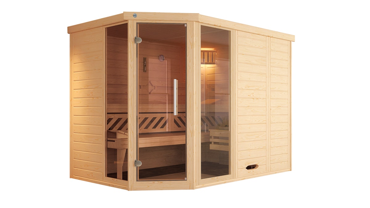 Weka Premium Massivholz-Elementsauna Kemi Eck 2 Ganzglastür u. Fensterelement(e), 9,0 kW BioAktiv-Kombiofen BioS inkl. Steuerung von Weka