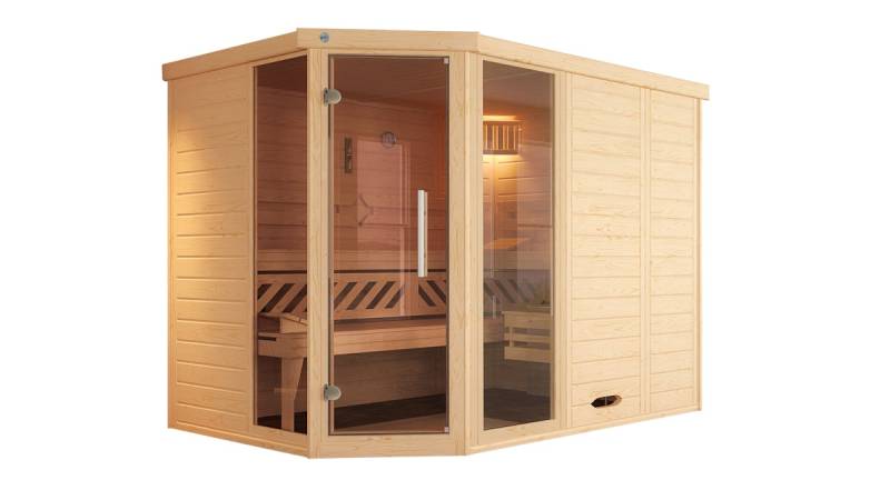 Weka Premium Massivholz-Elementsauna Kemi Eck 2 Ganzglastür u. Fensterelement(e), 9,0 kW BioAktiv-Kombiofen BioS inkl. Steuerung von Weka
