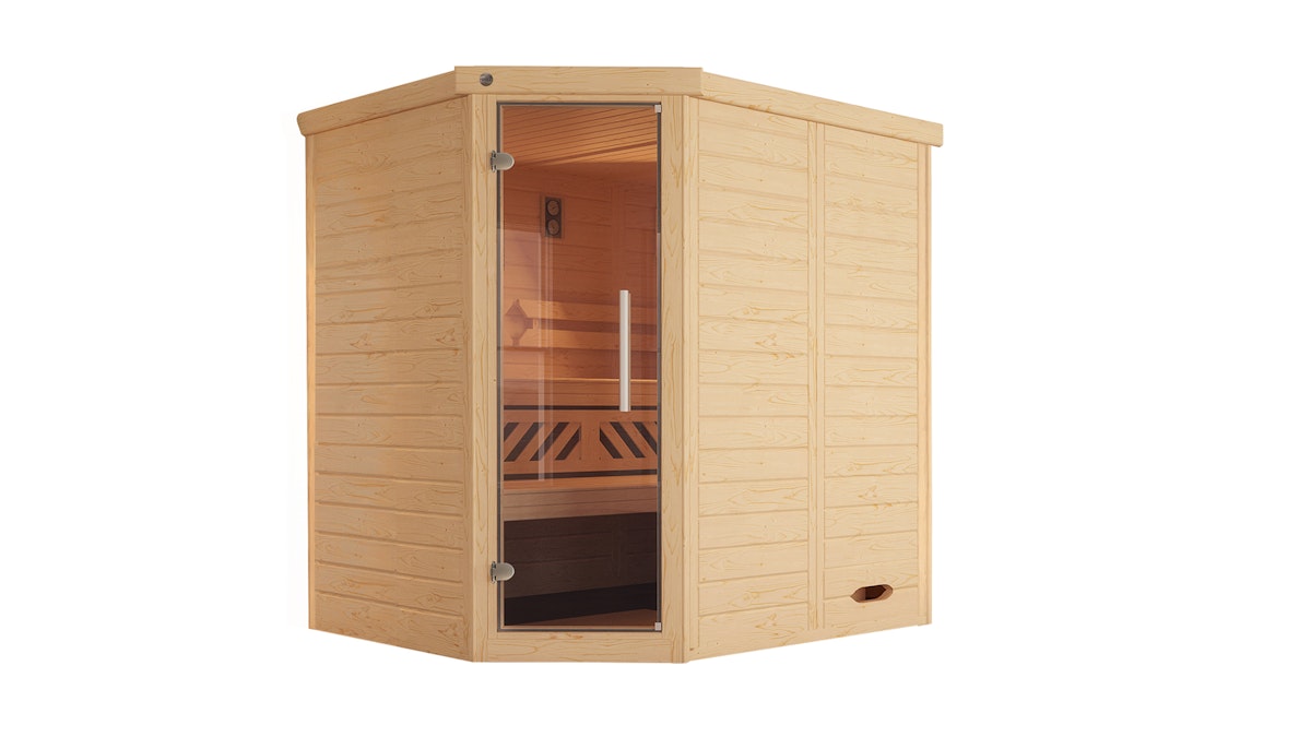 Weka Premium Massivholz-Elementsauna Kemi Eck mit Glastür inkl. Komfortpaket - 45 mm Ohne Ofen von Weka