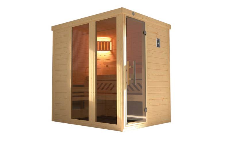 Weka Premium Massivholz-Elementsauna Kemi Panorama 1 mit Glastür+2 Fenster und Sternenhimmel - 45 mm 7,5 kW BioAktiv-Kombiofen BioS inkl. Steuerung von Weka