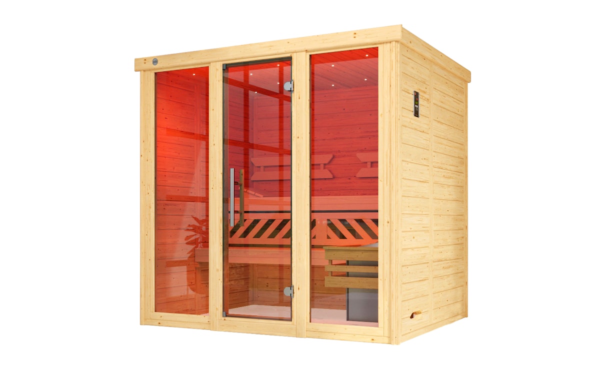Weka Premium Massivholz-Elementsauna Kemi Panorama 2 mit Glastür+2 Fenster und Sternenhimmel - 45 mm 7,5 kW BioAktiv-Kombiofen BioS inkl. Steuerung von Weka