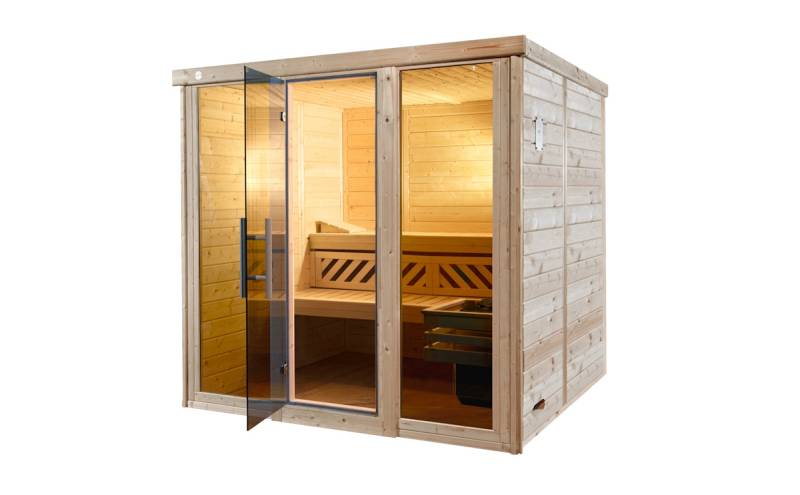 Weka Premium Massivholz-Elementsauna Kemi Panorama 3 mit Glastür+2 Fenster und Sternenhimmel - 45 mm 7,5 kW Saunaofen OS inkl. Steuerung von Weka
