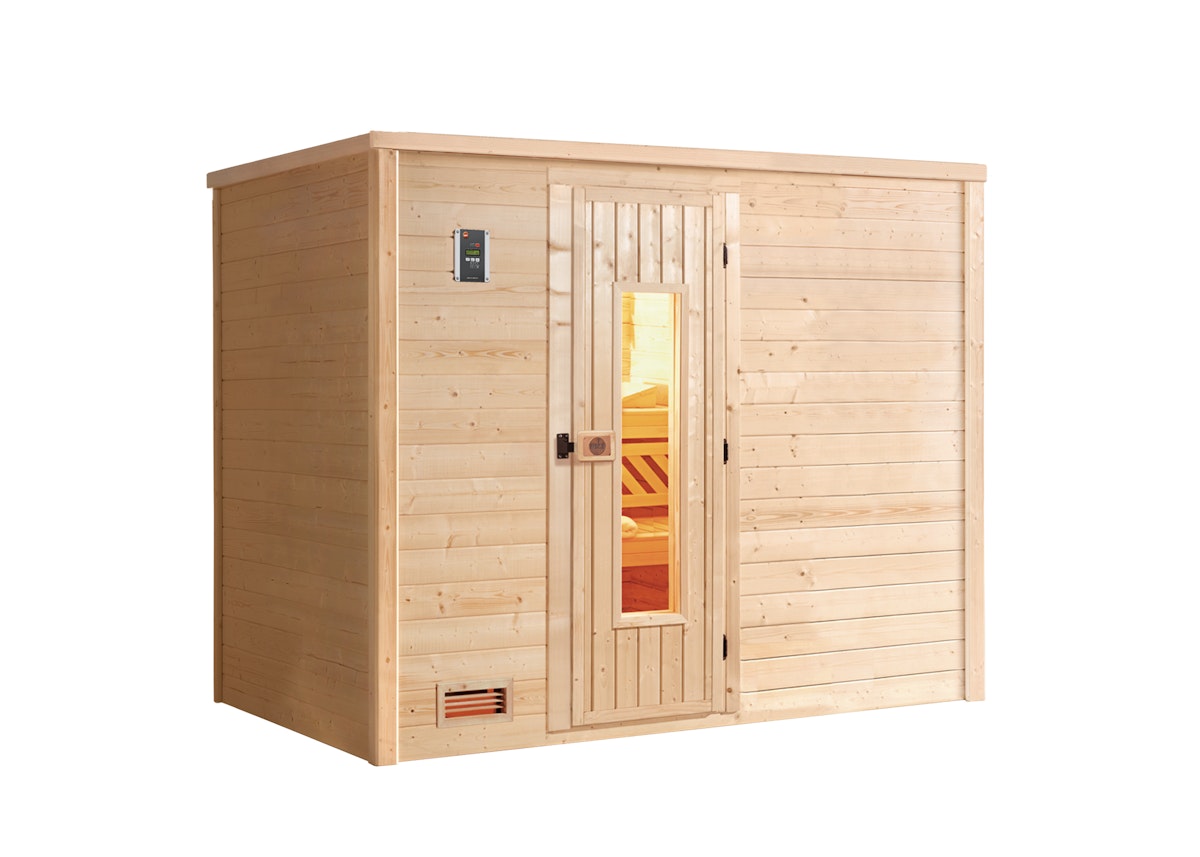 Weka Premium Massivholzsauna Bergen 3 - 45 mm Massivholztür u. Glaseinsatz, 7,5 kW Saunaofen OS inkl. Steuerung von Weka