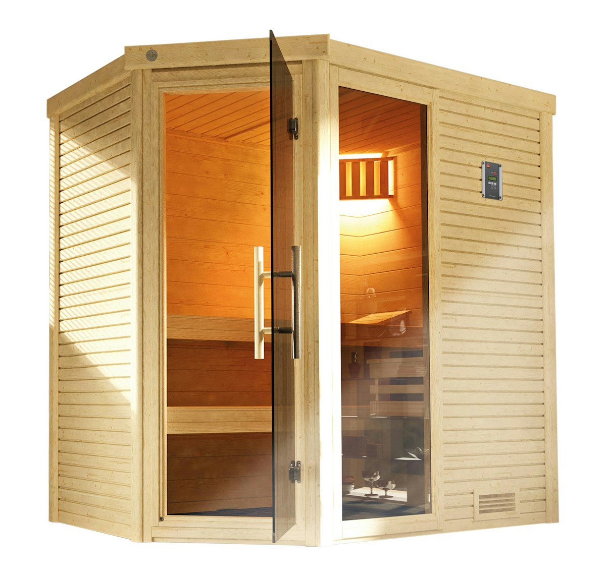 Weka Premium Massivholzsauna Cubilis 1 mit Glastür+Fenster 45 mm 7,5 kW BioAktiv-Kombiofen BioS inkl. Steuerung inkl. Montageservice von Weka