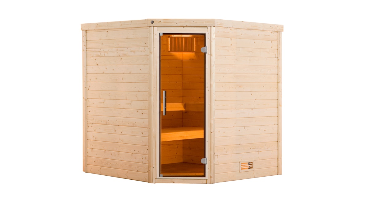 Weka Premium Massivholzsauna Turku 1 Sparset 1 inkl. 7,5 kW Ofen und Leuchtenset-Ganzglastür - "Alles dabei" von Weka