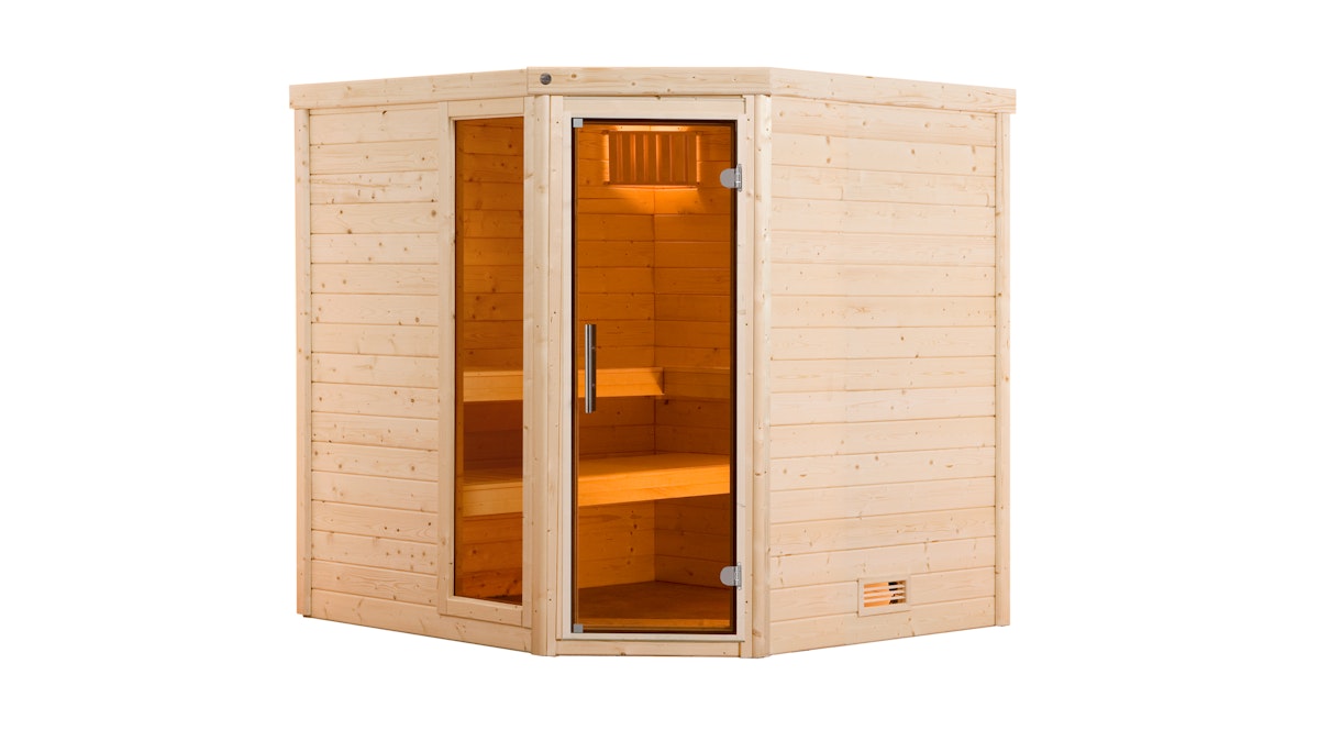 Weka Premium Massivholzsauna Turku 1 Sparset 2 inkl. 7,5 kW Bioaktiv-Ofen und Leuchtenset-Ganzglastür u. Fensterelement - "Alles dabei" von Weka