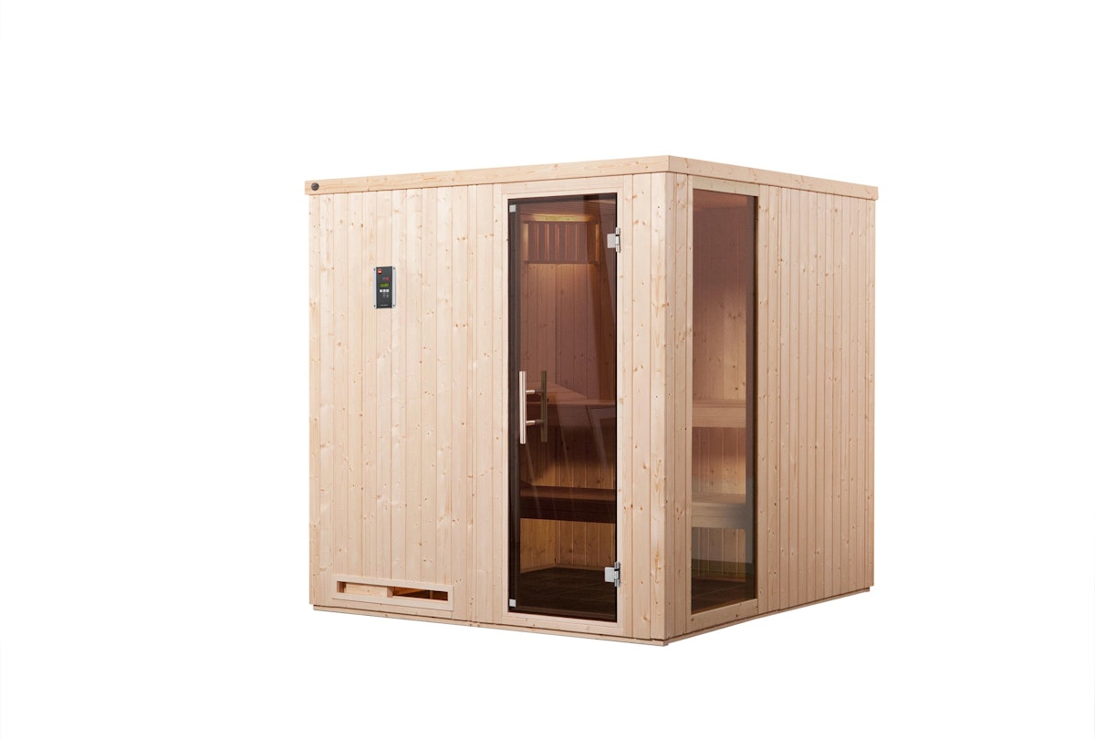 Weka Sauna Halmstad 2 mit Glastür + Fenster und Fronteinstieg - 68 mm 5,4 kW Kompaktofen mit integr. Steuerung von Weka