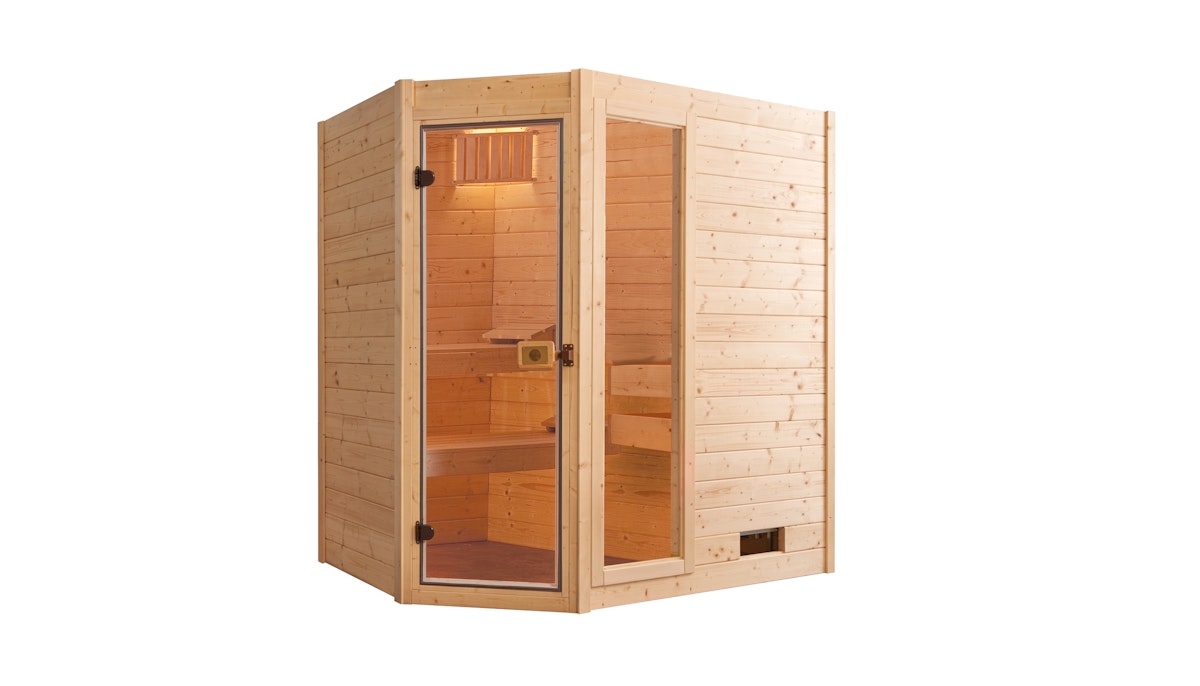 Weka Sauna Valida Eck 1 mit Glastür/Fenster- Massivholzsauna 38 mm-Ganzglastür u. Fensterelement von Weka