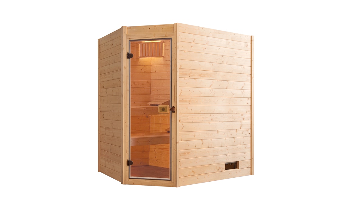 Weka Sauna Valida Eck 1 mit Glastür/Fenster- Massivholzsauna 38 mm-Ganzglastür von Weka