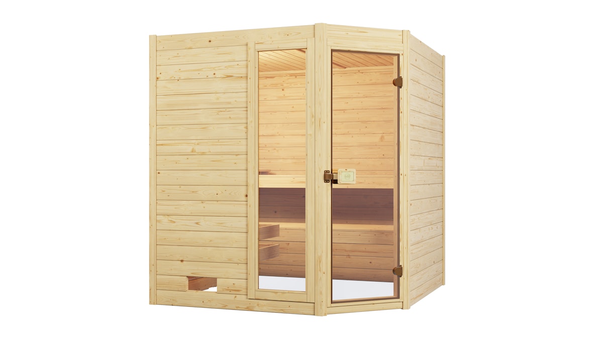 Weka Sauna Valida Eck 1.8 mit Glastür/Fenster- Massivholzsauna 38 mm Ganzglastür u. Fensterelement(e) von Weka
