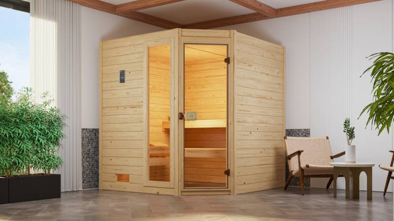 Weka Sauna Valida Eck Gr. 2 mit Glastür+Fenster - Massivholzsauna 38 mm Ganzglastür u. Fensterelement(e) Ohne Ofen von Weka