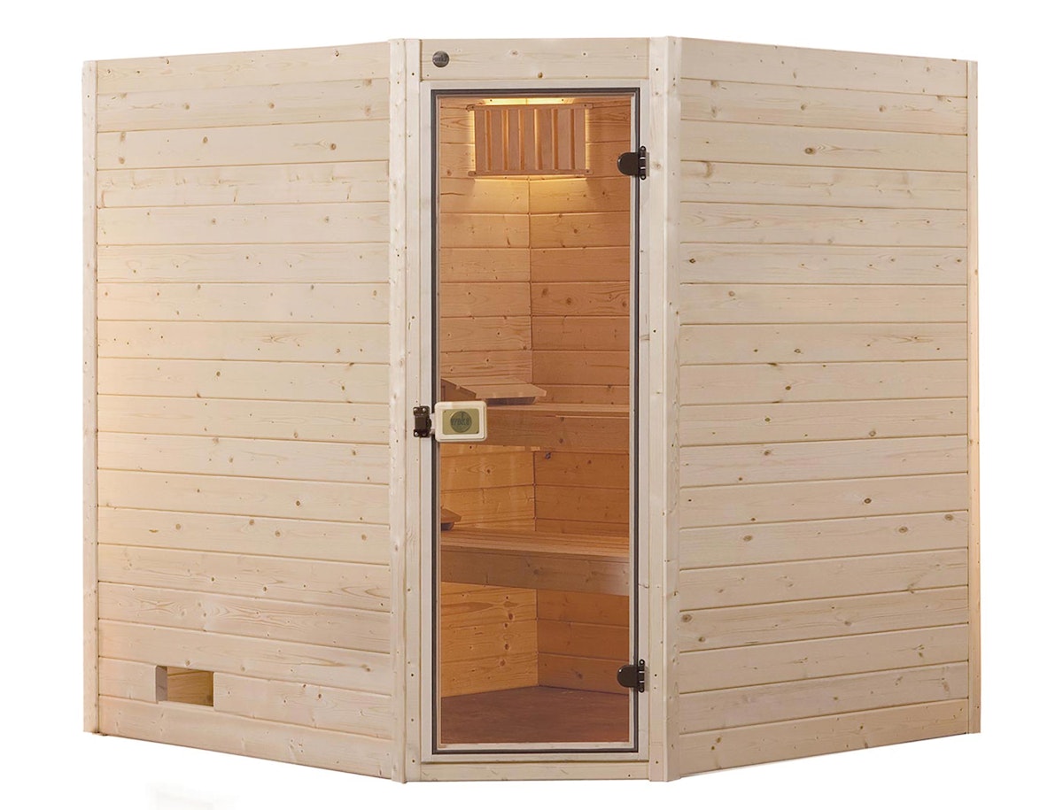 Weka Sauna Valida Eck Gr. 2 mit Glastür - Massivholzsauna 38 mm mit Eckeinstieg 9 kW Kompaktofen mit integrierter Steuerung von Weka