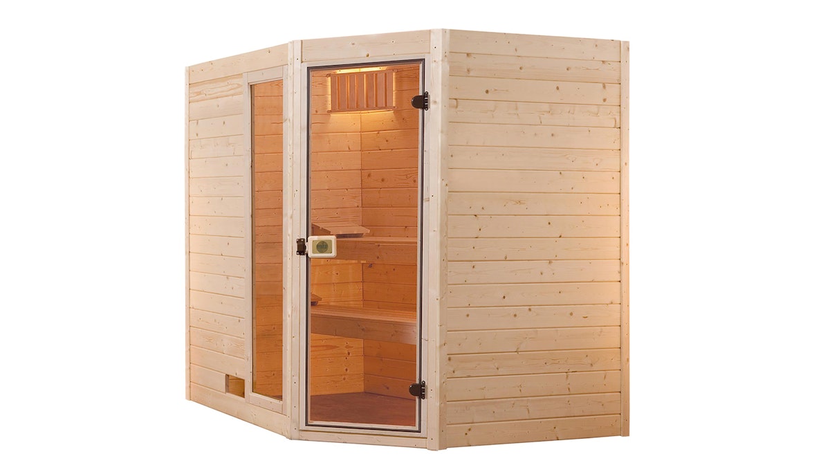 Weka Sauna Valida Eck Gr. 3 mit Glastür+Fenster - Massivholzsauna 38 mm mit Eckeinstieg Ohne Ofen von Weka