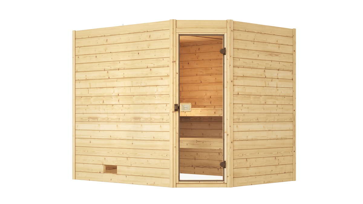 Weka Sauna Valida Eck Gr. 3 mit Glastür - Massivholzsauna 38 mm mit Eckeinstieg Ohne Ofen von Weka
