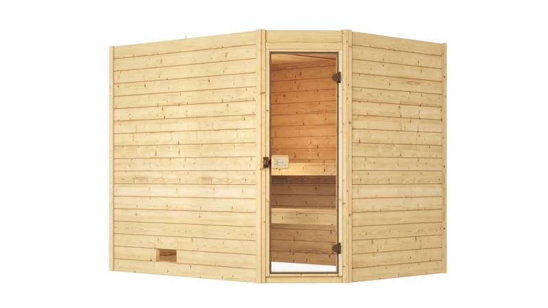 Weka Sauna Valida Eck Gr. 3 mit Glastür - Massivholzsauna 38 mm mit Eckeinstieg Ohne Ofen von Weka