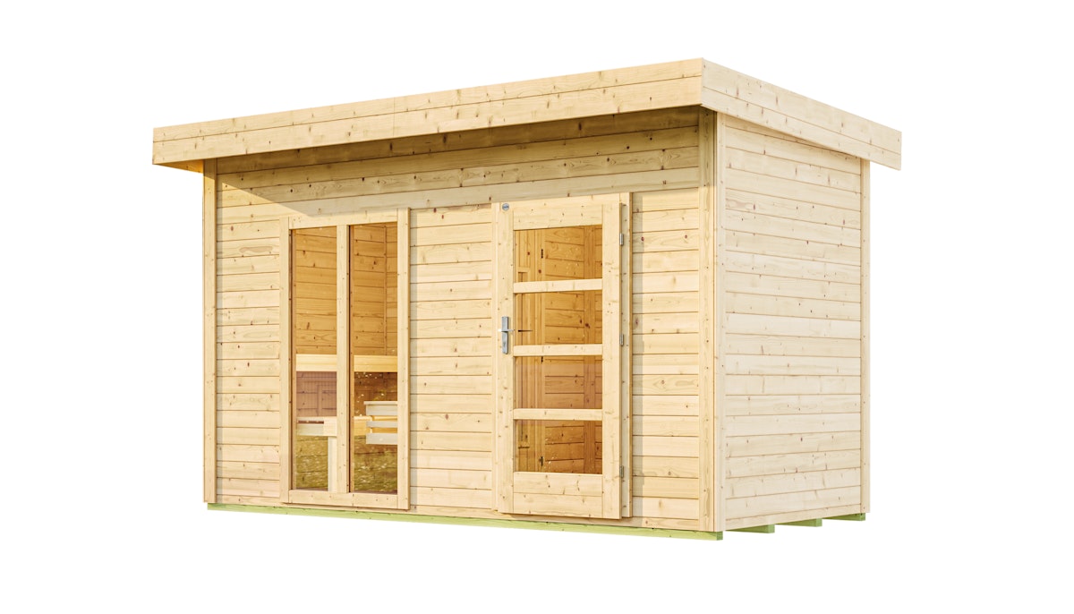 Weka Saunahaus Farsund mit Vorraum - 38 mm BlockbohlenInkl. bodentiefem Fenster in der Front Ohne Ofen von Weka