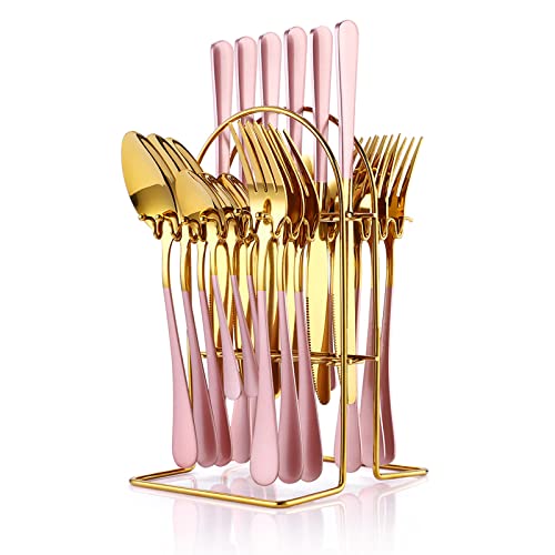 24-teiliges Flatware Set, Edelstahl Besteck Set mit Silberbesteck Halter, Löffel, Gabeln und Messer, Geschirr Set Service für 6, Gold Spiegel poliert und matt rosa lackiert (Roségold) von Wekity