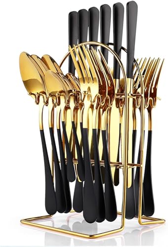 24-teiliges Flatware Set, Edelstahl Besteck Set mit Silberbesteck Halter, Löffel, Gabeln und Messer, Geschirr Set Service für 6, Gold Spiegel poliert und matt rosa lackiert (Schwarzes Gold) von Wekity