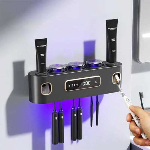Badezimmer Organizer ZahnbüRstenhalter Elektrischer Zahnpasta-Spender FüR Kinder Und Erwachsene Tubenquetscher FüR Alle Tube,2 Zahnpastaspender Mit 6 ZahnbüRstenschlitze Und 3 Tassen (Grau) von Wekity