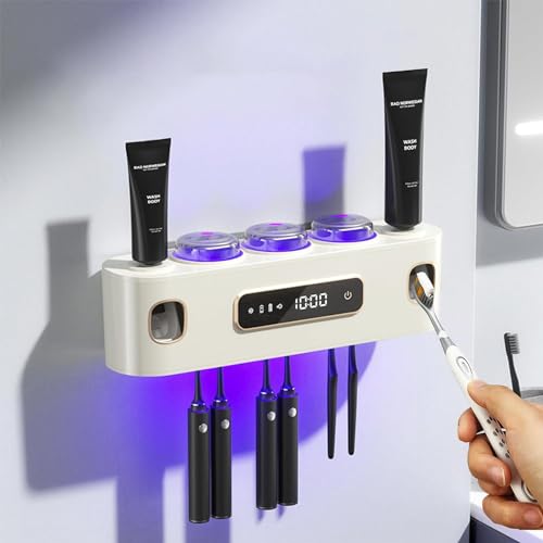 Badezimmer Organizer ZahnbüRstenhalter Elektrischer Zahnpasta-Spender FüR Kinder Und Erwachsene Tubenquetscher FüR Alle Tube,2 Zahnpastaspender Mit 6 ZahnbüRstenschlitze Und 3 Tassen (Weiß) von Wekity