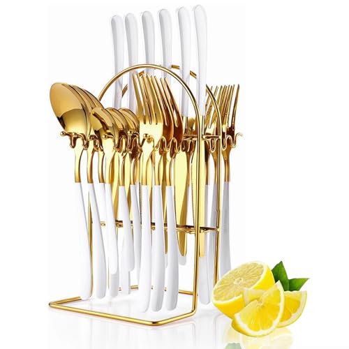 Gold Silbergeschirr Set, 24-Stücke Flatware Set mit Silbergeschirr Halter, Edelstahl Messer Gabeln Löffel Besteck Set Service für 6, Küchengeschirr Geschirr Set für Hochzeitsfeier (Platin) von Wekity