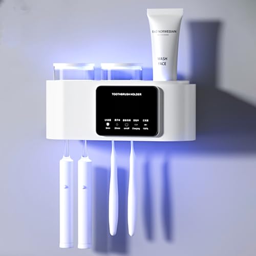 Intelligenter Zahnbürstenhalter für Badezimmer, elektrische Zahnbürstenhalter mit Solarladung, Zahnbürstenhalter zur Wandmontage mit 2 Bechern und 4 Bürstenschlitzen (weiß) von Wekity