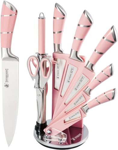 Küchenmesser-Set,9-Stücke Rosa Sharp Non-Stick beschichtet Chef Messer Block Set, Edelstahl Messer Set für Küche mit Schärfer zum Schneiden Schneiden Würfeln Hacken (Rosa) von Wekity
