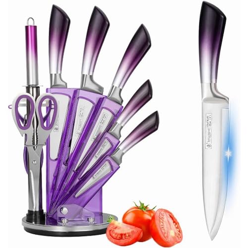 Messerset mit Messerblock Set, 9-Teiliges Lila Küchenmesser Set mit Drehbare Acryl Messerblock, Sharp Antihaft Beschichtete Kochmesser Block Set mit Schärfer,Geschenk für Mädchen (Lila) von Wekity